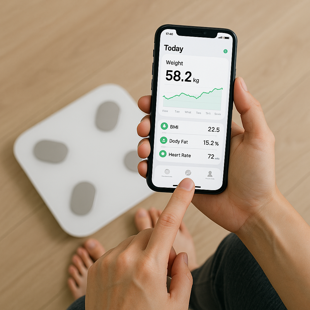スマートフォンと連携した体重計を使って、健康管理アプリで日々の体調をチェックしている様子を写したイメ