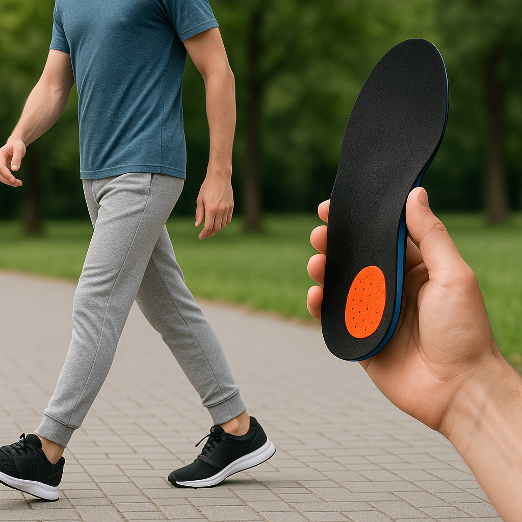健康的な姿勢で歩く人の足元と、高機能インソールを手に持つ様子をイメージした写真